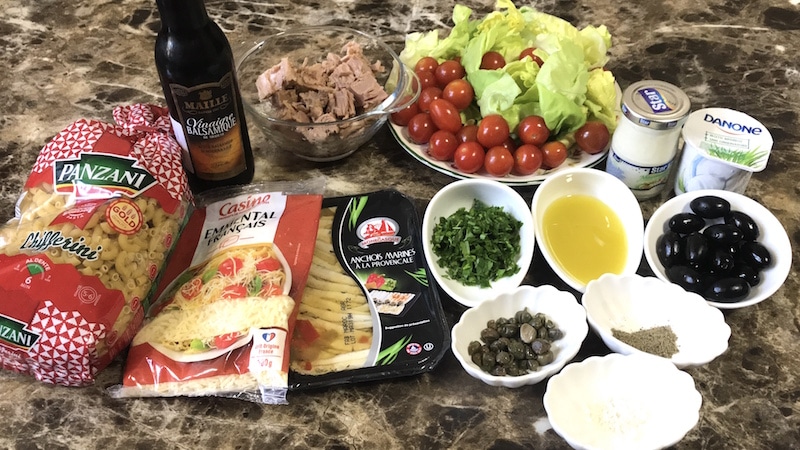 Ingredients for pasta and tuna salad 