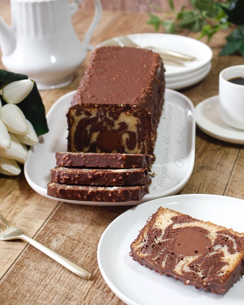 Super moist marble cake with chocolate Rocher glaze.
