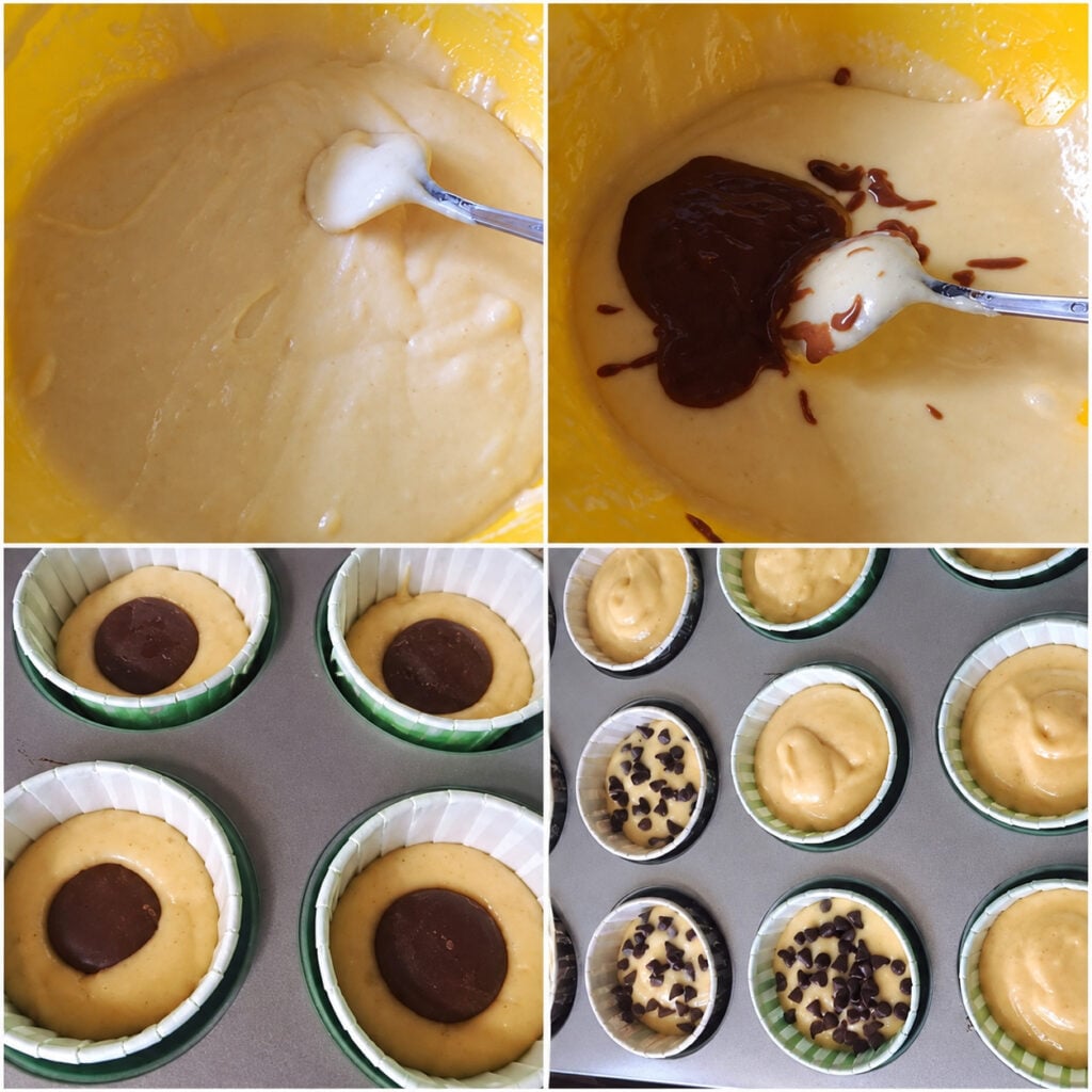 pâte des muffins divisée pour faire 2 garnitures différentes