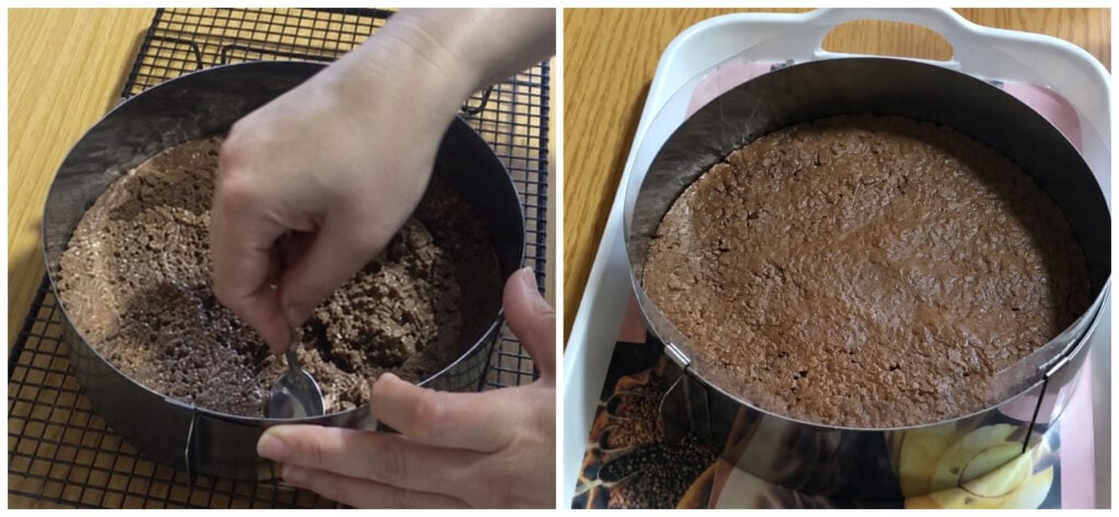 croustillant praliné étalé dans le cercle sur le biscuit au chocolat