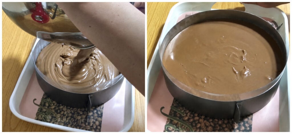 mousse au chocolat noir versé dans le cercle sur le croustillant praliné