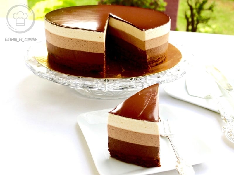 entremets 3 chocolats très haut avec des mousses aériennes et bien distinctes