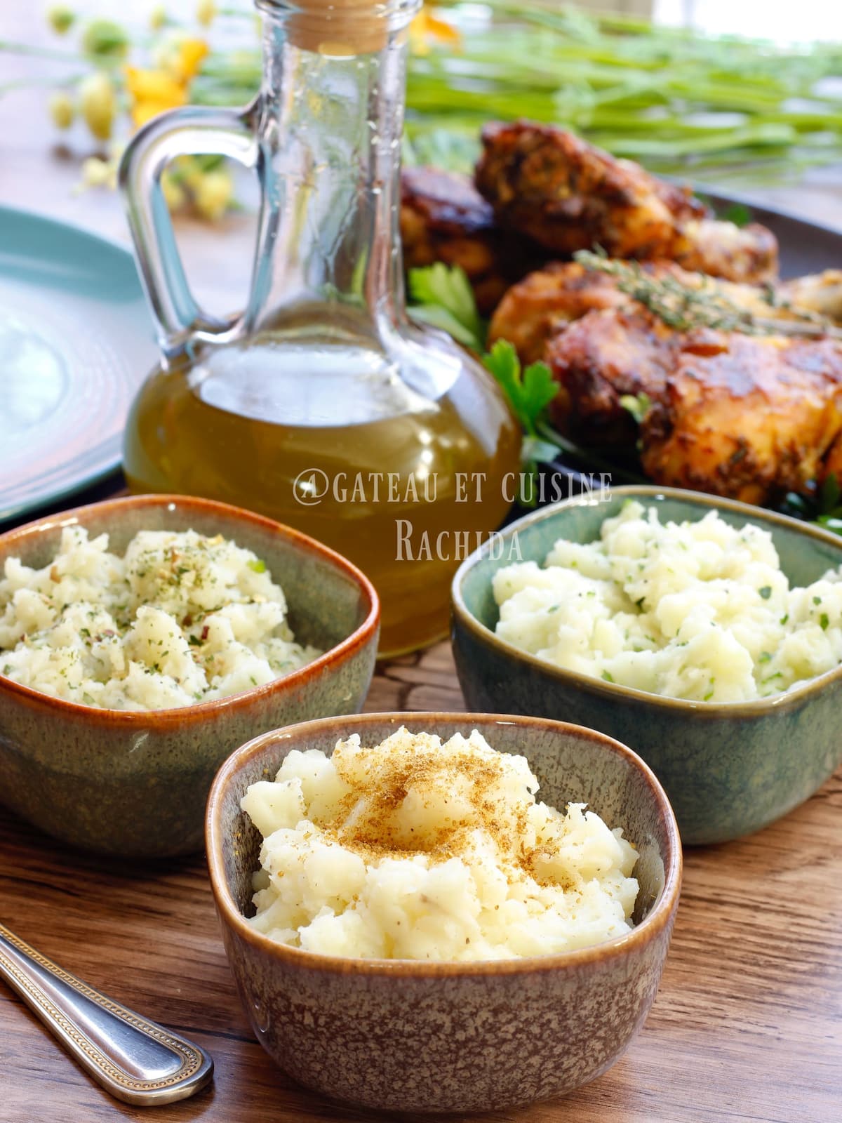 baked chicken drumstick with mashed potatoes