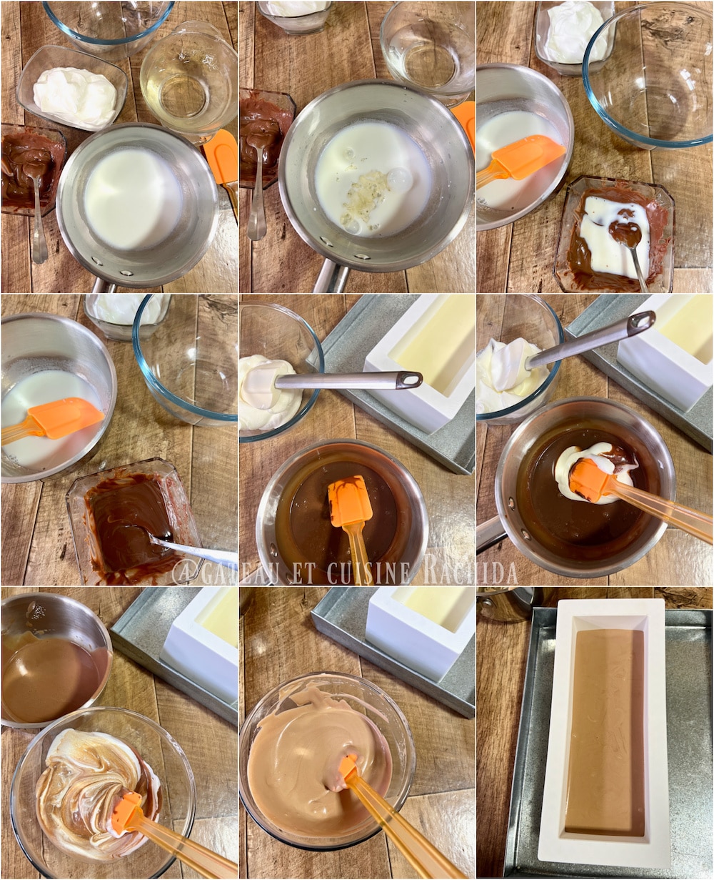 Steps to prepare the 3-chocolate Yule log - milk chocolate mousse.