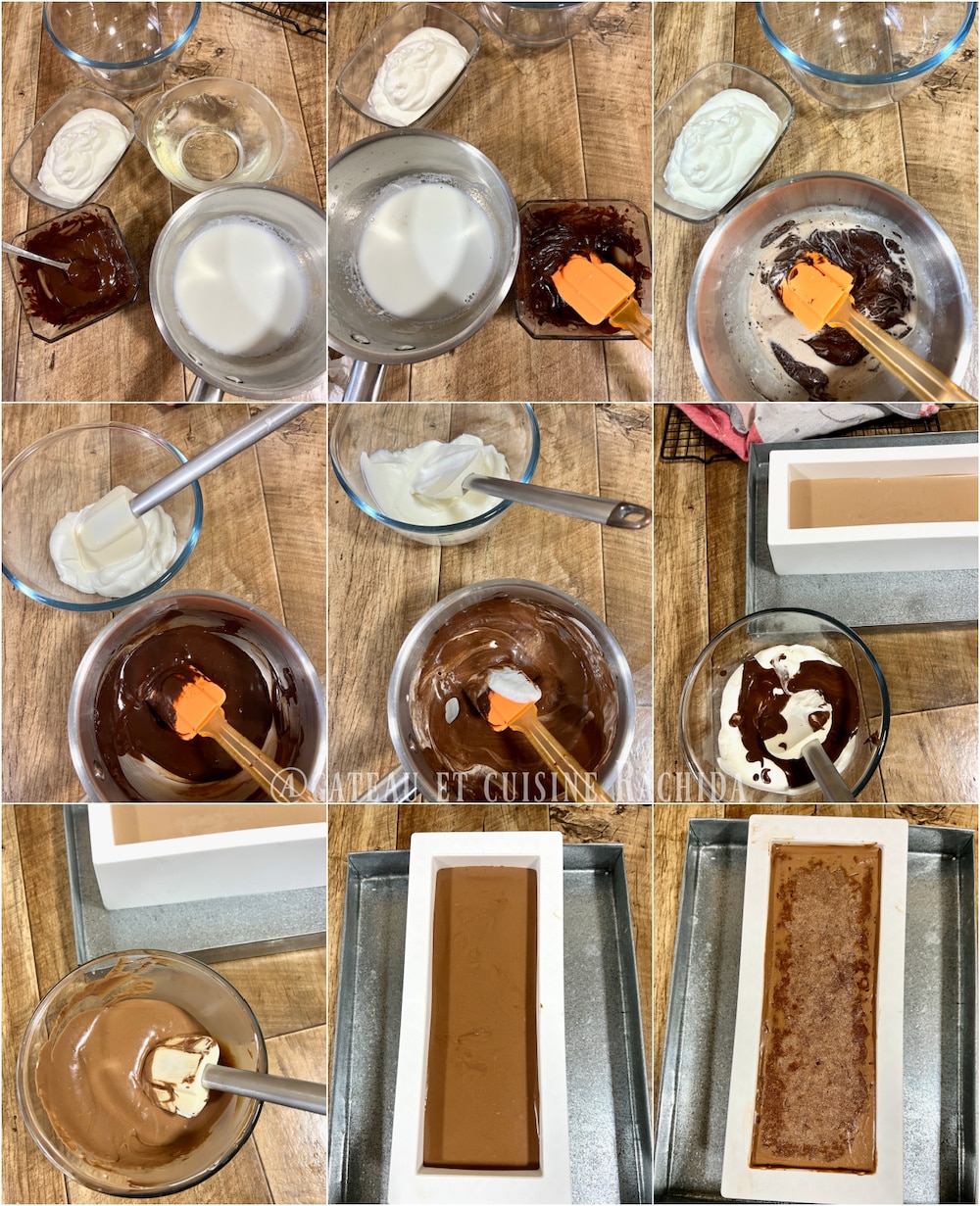 Steps to prepare the 3-chocolate Yule log - dark chocolate mousse.