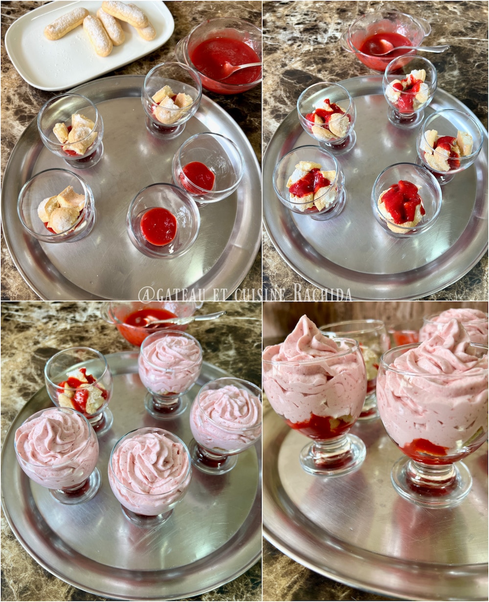 Assembling strawberry mousse in serving glasses