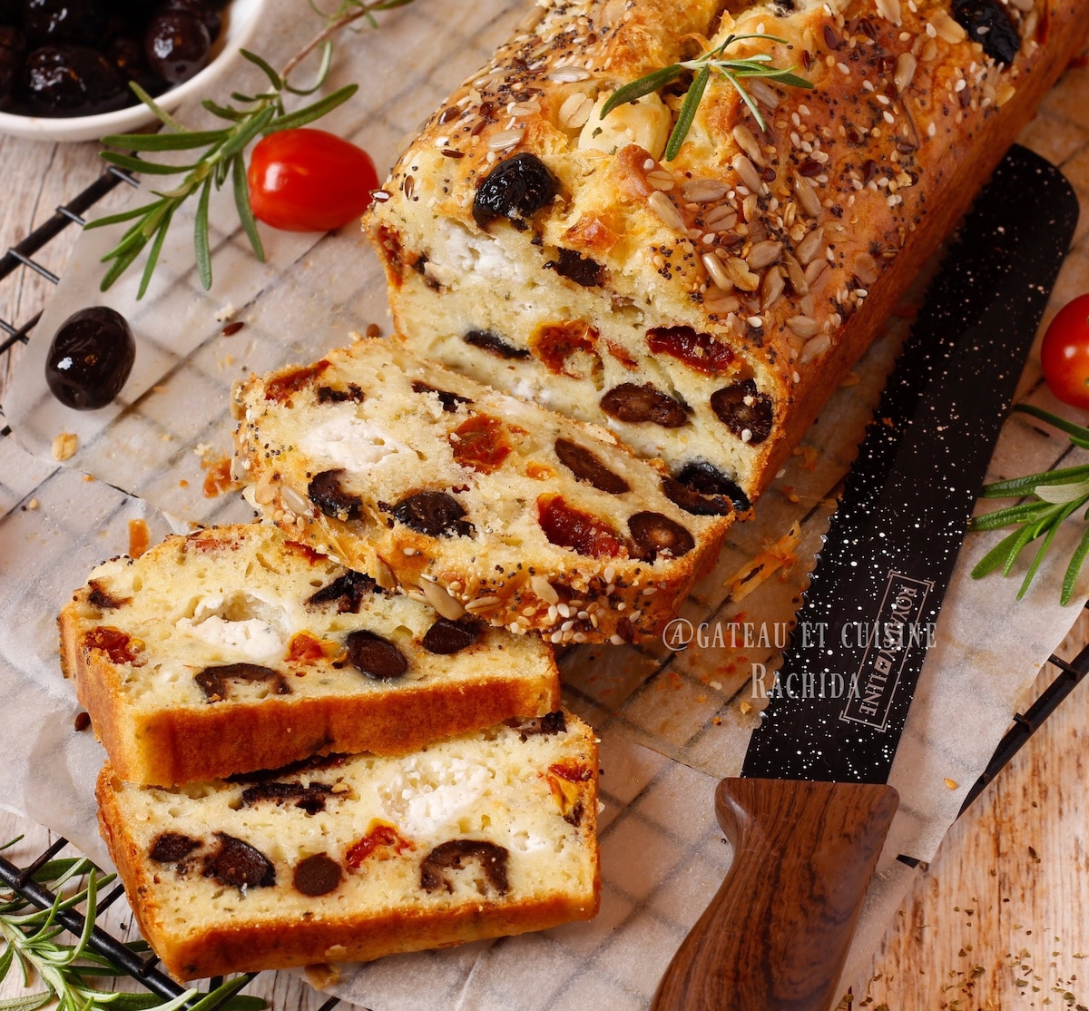 recipe for homemade savoury cake with feta olives and sun-dried tomatoes