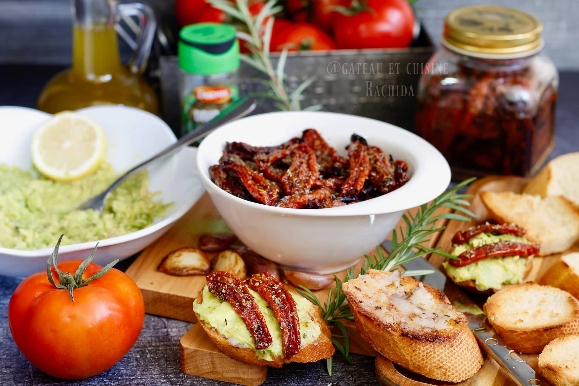 oven-dried tomatoes on bruschettas