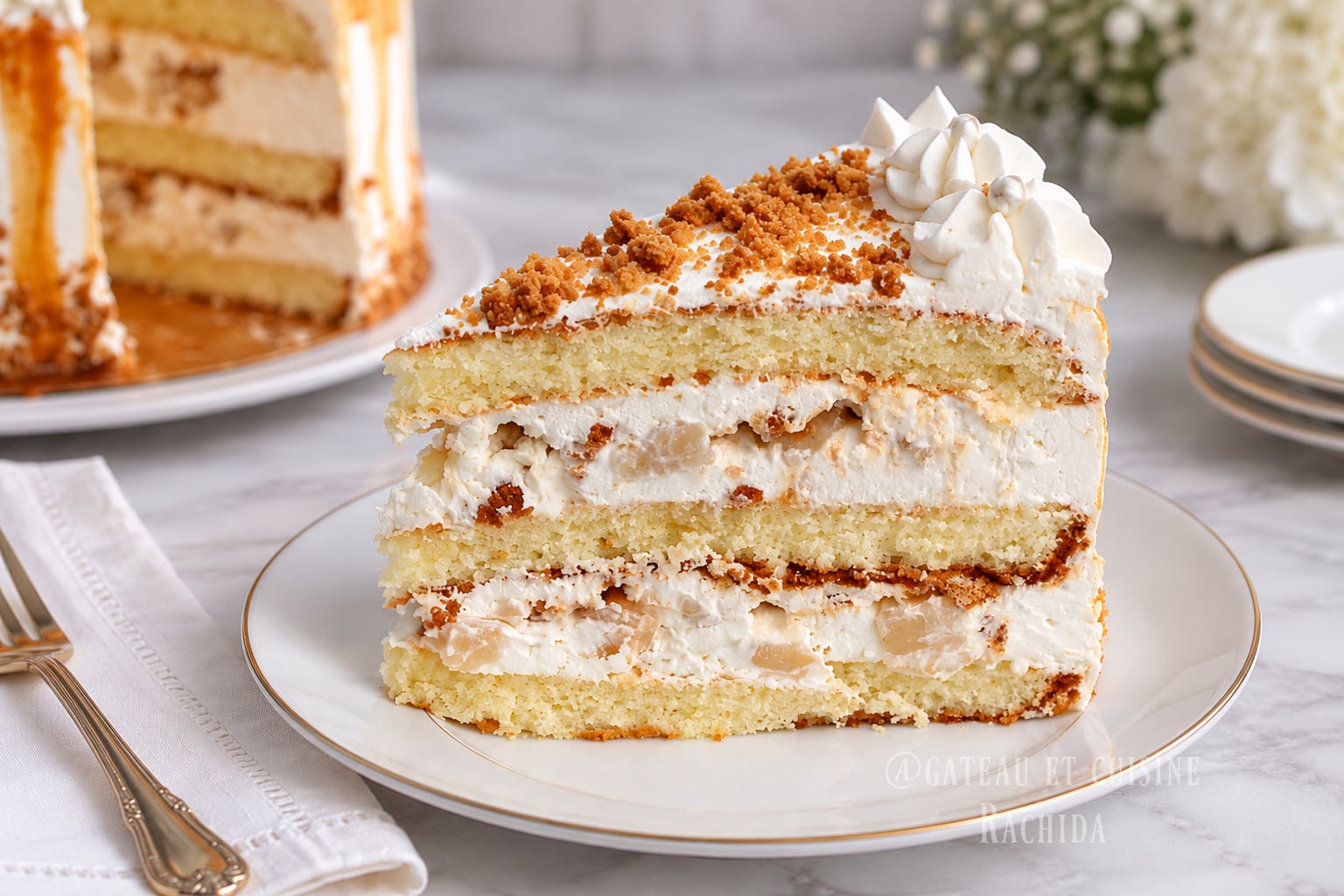 layer cake facile au crumble et poire avec du caramel beurre salé