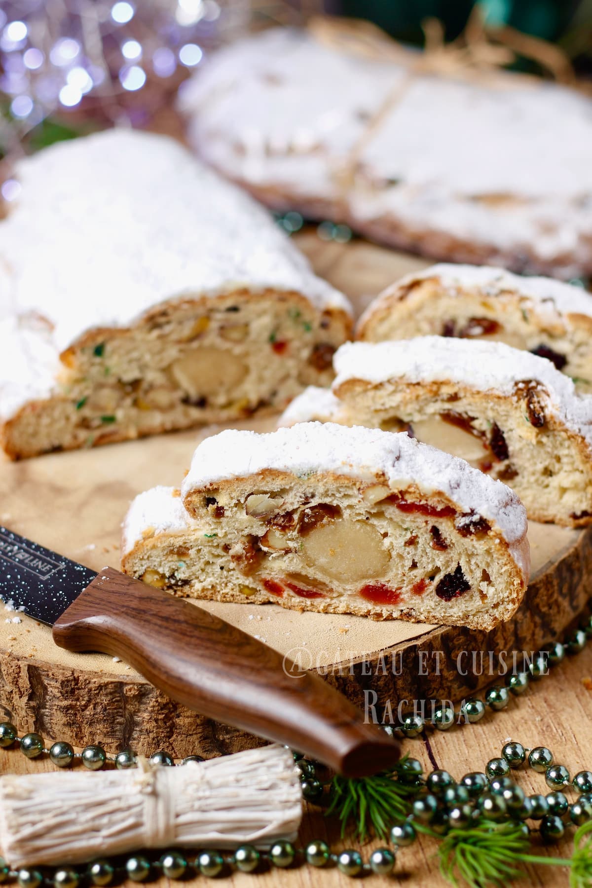 Beautiful stollen or Christstollen German brioche with dried fruits