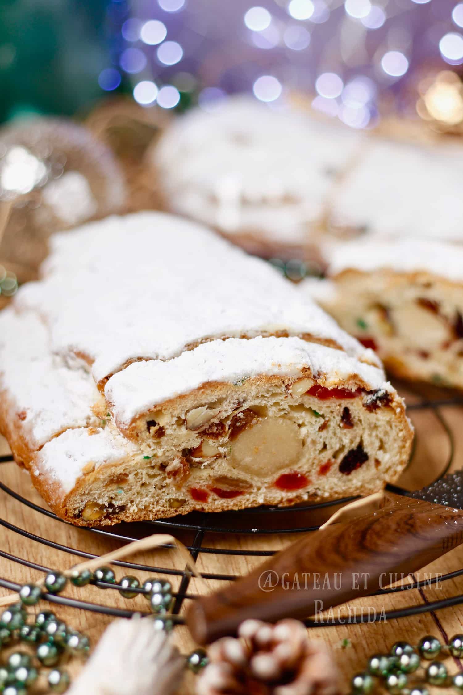 German brioche Stollen recipe with dried fruits and marzipan