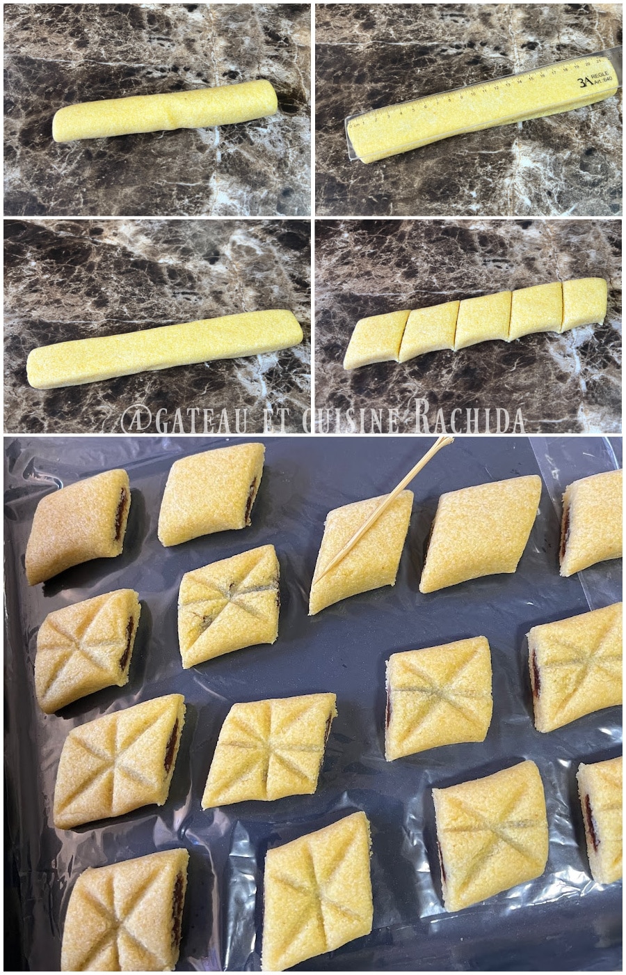 Cutting makrouts into lozenges and decorating them