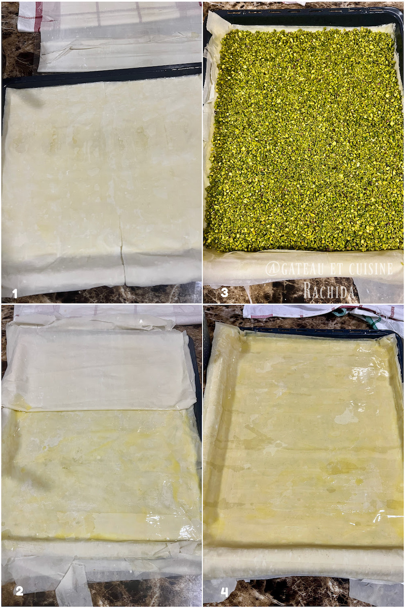 Assembling the pistachio baklava in the mold