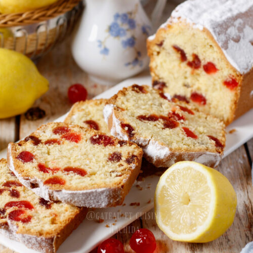 cake tranché aux cerises confites et citron très moelleux et facile