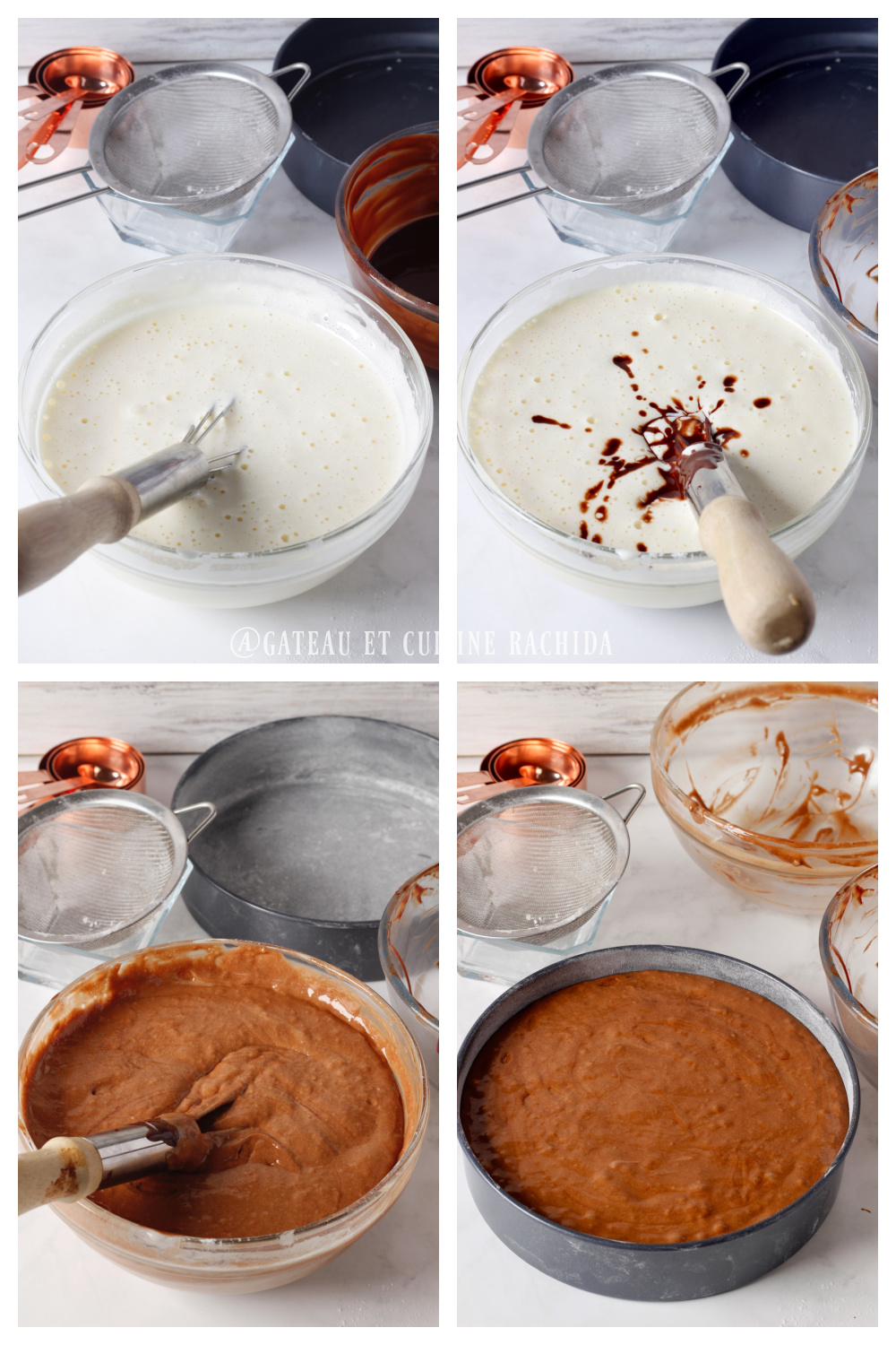 Étapes de préparation du moelleux au chocolat de Cyril Lignac : incorporation du chocolat fondu, consistance mousseuse de la pâte et versement dans le moule beurré et fariné