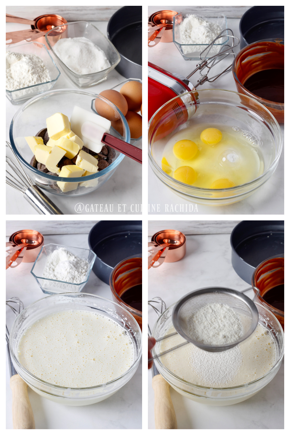 Faire fondre le chocolat et le beurre au bain-marie et blanchir les œufs avec le sucre pour le moelleux au chocolat de Cyril Lignac
