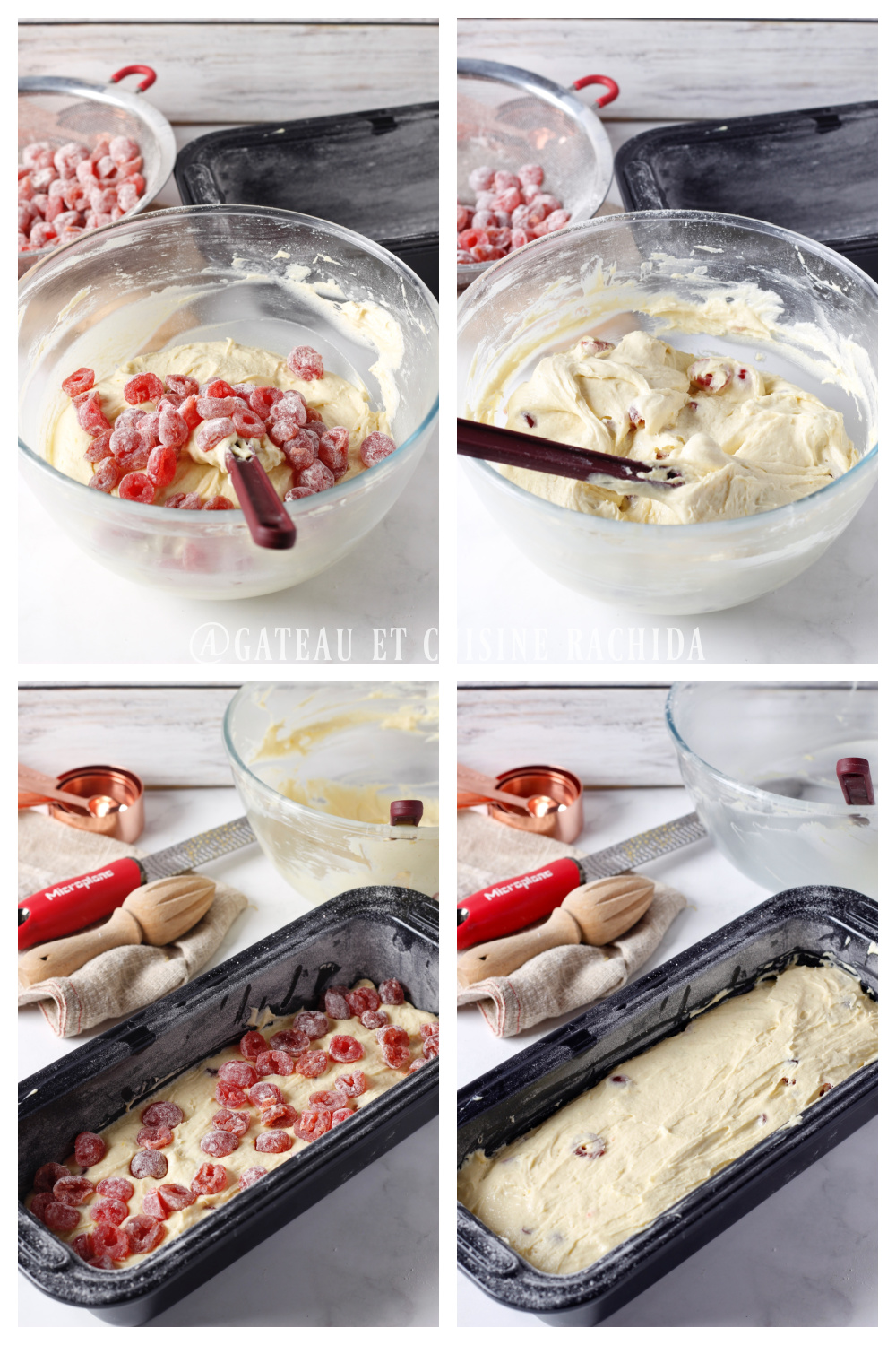 on ajoute les cerises confites et on rempli le moule avant d'enfourner