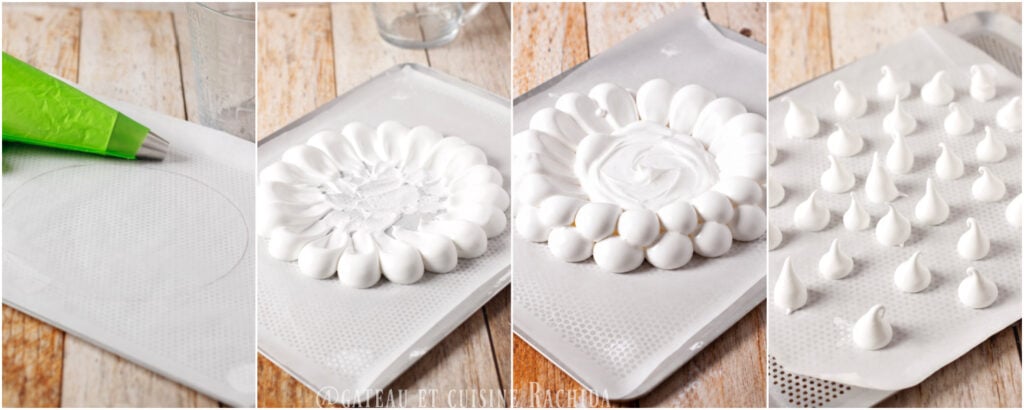 Pochage de la meringue pour réaliser la base de la pavlova aux fruits rouges en couronne avec des boules