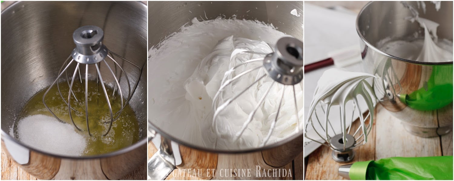 préparation de la meringue française à pavlova au robot pâtissier jusqu’à obtenir une texture ferme et brillante.
