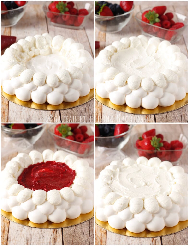 Montage de la pavlova pas à pas , avec le confit , la chantilly et les fruits rouges